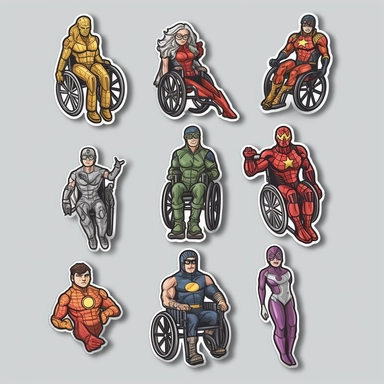 6 clipart elements, series of very hyperdetailed colorful stickers, cool people with disabilities, marvel style, superheros, each sticker with a clear white outline between each element, light grey background, realistic