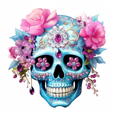 cute happy jewel encrusted skull with flowers in the style of Betsy Johnson on white background. Clipart