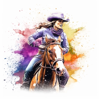 barrel racer illustration, nebular mix background, clipart, photorealistic illustration, watercolor, high detail, 8k polished, 8k, vibrant colors, sticker, majestic, die cut, white background