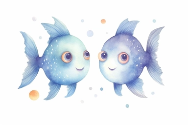 clipart, cute cartoon, two identical fish, Pisces star sign, for illustrated zodiac, baby wall art, watercolor, isolated on a clean white background