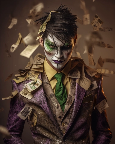 Digital art piece of Joker with gold makeup and black hair, in the style of dadaist photomontage, octane render, kintsugi, devilcore, raw character, dark silver and gold, sony alpha a7 iii. Wearing a gold suit with black accents, a purple shirt, and a gre