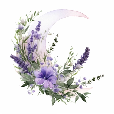 with white background, art Watercolor, Watercolor Crescent bouquet lavender and rosemary floral clipart, hd, high detailed, forest green and lavender purple hue, delicate petals, pastel, muted, soft, subtle, romantic, dreamy, ultra details, high resulution, dynamic lighting, rendering, photo realistic, lightroom gallery, cinematic lighting
