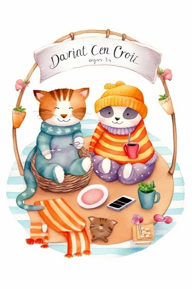 watercolor Clipart, friends Cat and Dog in knitted clothes, Cartoon–cute or childlike, Whimsical illustrations, charming, childlike, carefree, dreamy, fun and colorful, cute, watercolor, hand-drawn, digital painting, soft lighting, bird's-eye view, seed1