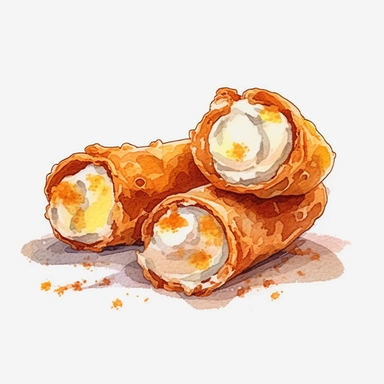 Cannoli: Crispy pastry tubes filled with sweet ricotta cheese, watercolor clipart illustration, flat blank transparent background, food photography, soft cinematic lights, juicy, bright, high quality, ultra detailed, 32k