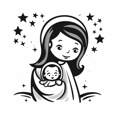 cartoon mary and baby jesus, simple clipart for kids, black and white