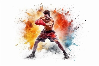 Watercolor, Create a visual of a boxer throwing a strong punch in the ring clipart, hd, on a white background, spaced out