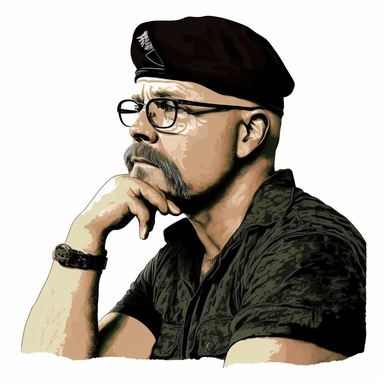 illustrated clipart of jamie hyneman looking away from camera, deep in thought, hand on chin, wearing black beret, white shirt, photorealistic