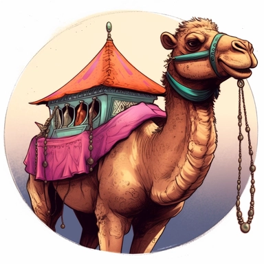 camel with tent howdah, C. M. Russell Josh Kirby Mad Max Lord of the Rings, enamel punk zine indie retrowave, clipart illustration, circular solid background circular border
