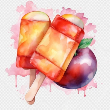 watercolor 1 piece Popsicles Nectarines ice cream vividly bold designs png Full body realistic cartoon in 32K UHD cute. 15 cm thick outline. There was no shadow on the ground. 8k with realistic watercolors. and detailed illustrations. PNG clipart, transparent white background