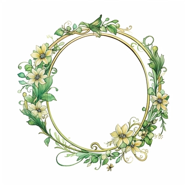 watercolor clipart of a empty suttle dainty floral oval frame surrounded by gold color flowers and emerald green flowers. Capture the essence of blooming beauty and intricate details in your artwork, white background