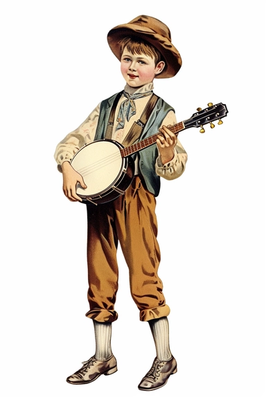 Vintage 1920 Full Body View of a Victorian Kid Playing Banjo Illustration, Chromolithograph, 1920s Illustration, Vintage, Chromolithograph, Colorful, Antique, Ephemera, Clipart, 8k, Isolated on white