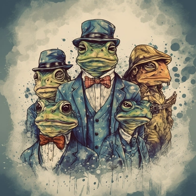 a unique and creative high resolution watercolor clipart of a gang of frogs posing with humanoid body