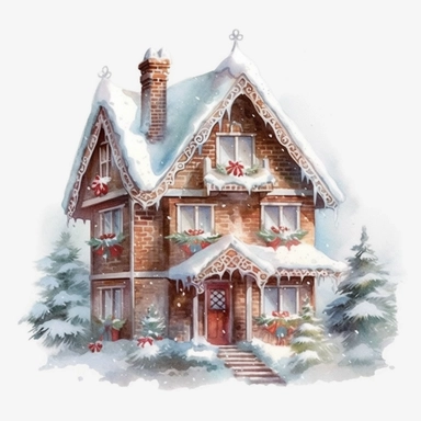 stunning gingerbread house in snow, soft faded colors, Christmas clipart by Thomas Kinkade, Marjolein bastin