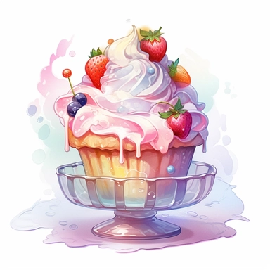 a drawing of a dessert featuring candy and whipped cream, in the style of pastel toned, shiny/glossy, colorful fantasy realism, caffenol developing, warmcore, #screenshotsaturday, rubens, white background, isolated, free brushstrokes, watercolor illustration, clipart,