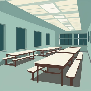 clipart style simple drawing of an empty lunchroom at an elementary school with long white tables with bench seating