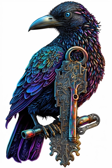 Raven holding the Master Key, clip art, white background, psychedelic, universe, chemistry