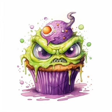 delicious halloween cupcake with brains, eyeballs and teeth, watercolour illustration clipart, extremely detailed, 4k, high quality, colour scheme black, purple, lime green, orange, isolated on white background