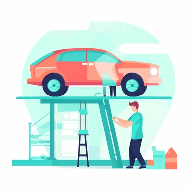 vector design, mechanic repairing car in garage, flat modern illustration, clipart, very simple picture, white background, soft gradient transition, in the style of warm color palette, natural pastel colors, in red-orange, blue-green, pale green colors, object portraiture specialist, uniformly staged images, animated illustrations
