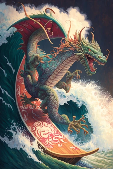 a painting of a standing cartoon Dragon riding kanagawa wave on a longboard surfboard, behance contest winner, psychedelic art, paisley, beautiful waves in sea, james jean and clyde caldwell, clipart, hi - fructose art magazine, katherine lam, artgram, marc newsom, sovietwave,