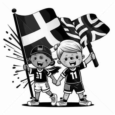 children with football team flag on hand clipart black and with, printable outline arte, withe background