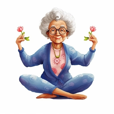 Cute Beautiful Funny grandmother practicing yoga Watercolor Sublimation Clipart,Cartoon, hyper realistic, intricate detail, illustration style,high solution,on the white background