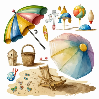 Full front view of seaside beach clipart, bucket and spade, beachball, beach umbrella, sandcastle, ink and very light gouache clean, watercolor sketch