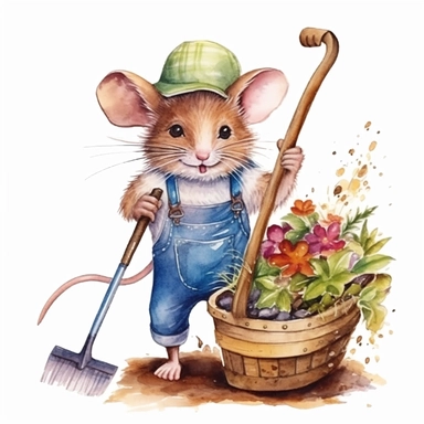 a playful watercolor clipart image with a white background, showcasing an enthusiastic cute cartoon mouse gardener with a straw hat and a wheelbarrow full of gardening tools, ready for a day of work.