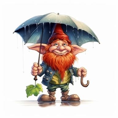 Cute Adorable magical little Goblin with a cylinder hat and a red beard holds laterally a umbrella in his hand wears a raincape and stand in the rain on a country road, clipart, photorealistic illustration, watercolor, high detail, 8k polished, 8k, vibrant colors, white background
