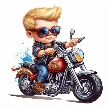 clipart of cute and cool baby boy on a harley davidson multicolor white background