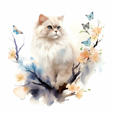 A persian cat sitting proudly on a spring branch, with a few butterflies flying, looking off into the camera, with a few spring leaves framing the scene, watercolor by Liu Yi, clipart, solid background, 8k