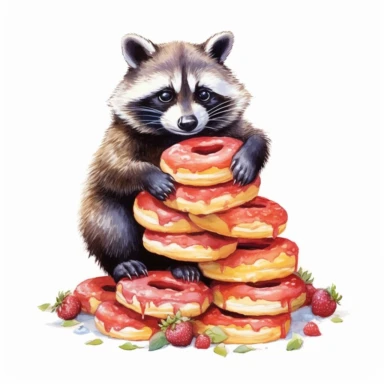 clipart trash panda eating a stack of cute doughnuts , in the style of hyper-realistic animal illustrations, white and red, prairiecore, colorful arrangements, historical illustrations, energy-filled illustrations,white background v 5.1