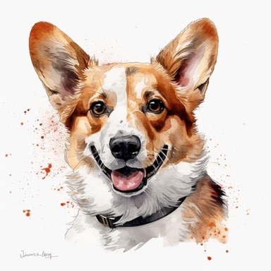 cute Pembroke Welsh Corgi dog portrait, full face, centered shot, side shot, dynamically posed, in action, playful mood, happy mood, playing mood, cute face, adorable smile, childlike eyes, clean watercolor illustration, white background, nursery baby imagery, painting, detailed, 8k, PNG, clipart,