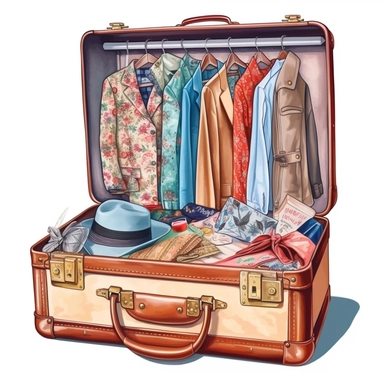 an open suitcase with clothes 50's style, paint art style, 50's style, detail, clipart, white background, superrealistic, one of a kind