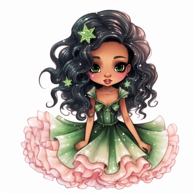 A cute detailed black girl in chibi style, Jasmine Becket - Griffith style, watercolour illustration clipart with real glitter detail, wearing a beautiful pink full length ballgown style dress, the girl has long black hair, the girl has green eyes, full body image, with feet isolated on a white background,