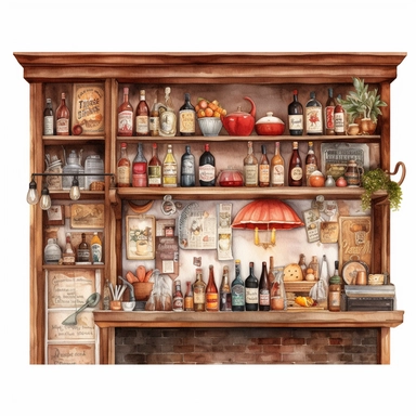 watercolor, hyper realistic, white background, white margins, 16k, ultra detailed clipart, cut out image, hand-drawn, whimsical a bistro wall with a vintage poster and a wooden shelf.