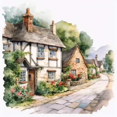 a quaint old english village, white background, clipart, watercolor style--q2--v5.1