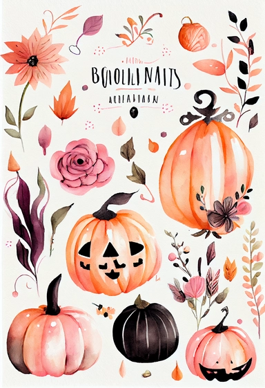 a pretty boho fun art collection on a white background with margins, pink orange and black Halloween pumpkins, watercolor, clipart,