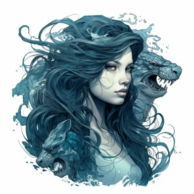clipart,white background,a fantasy girl with strange dark hair and long dark hair, in the style of light navy and dark cyan, intricate use of hatching, hyperrealistic marine life, manticore, gothic references, masterful shading, captivating figures
