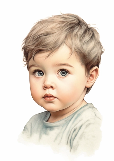 a cute retro vintage baby boy. close-up of his beautiful face. Color pencil sketch, soft baby colors, on a white background for clipart.