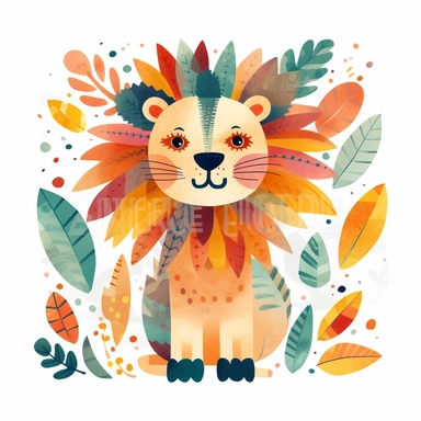 a cute colorful lion Gouache Folk Illustrations Clipart