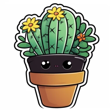 cute cactus in a mexican flower pot clipart, sticker design, thick black outline border, white background