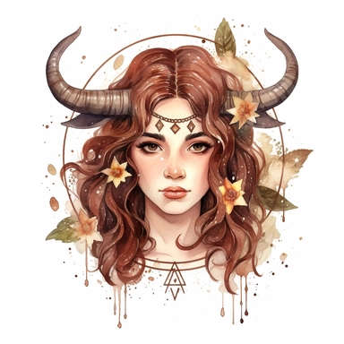 Taurus zodiac sign as fantasy girl with nose ring and brown hair, Watercolor Zodiac Sign Clipart Astrology