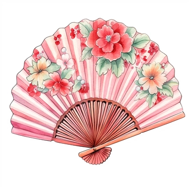 a cute one Japanese Folding Fan , watercolor Sublimation graphics, hand drawn illustration by katie daisy, Watercolor clipart, single design, single object, print on demand image, PNG transparent background, white background for removing background - - no text shadow font watermark, 8k