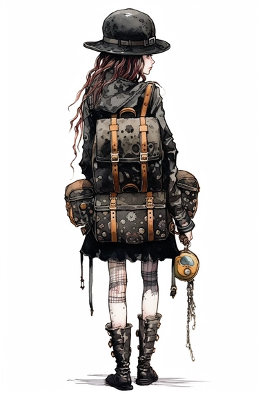 watercolor mixed media goth steampunk girl entire body with goth steampunk backpack school illustration clipart by holly hobbie