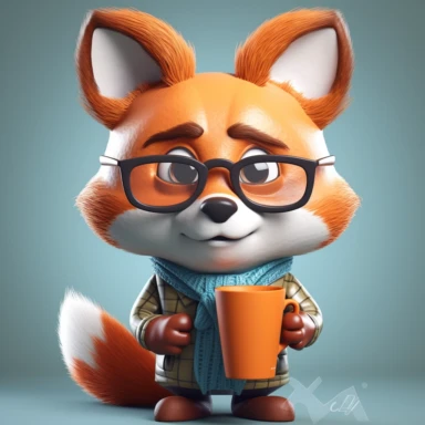cute 3D kawaii sleepy nerd fox with glasses on his face and a cup of coffee in his hand clipart