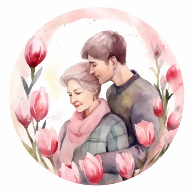 cute watercolor clipart with pale skinned older mom and adult son hugging echother in circle, beautiful, hight quality, pastel colors, white background, decorated with pink tulips