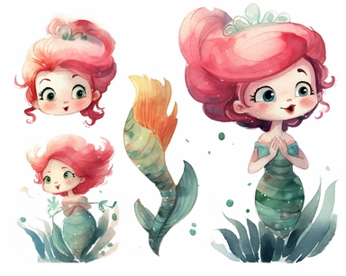 watercolour clipart in Disney cartoon style for kid’s illustrated story book cute little mermaid with light pink hair and olive tail in different poses separated on white background
