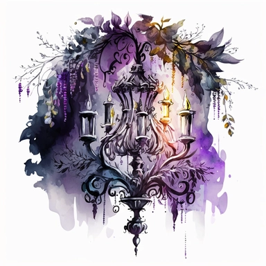 chandelier in the style of light silver and violet, mysterious and dreamlike scenes, realistic painted still lifes, vibrant watercolors, dreamlike installations, witchy academia, contest winner, watercolor clipart