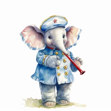 baby elephant as a marching band flute player, watercolor clipart, nursery style