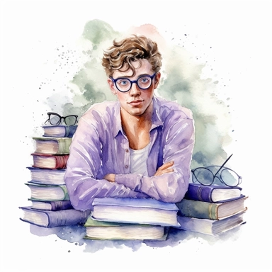 cute young man with glasses journaling in a library , lavender poet , watercolor, clipart , library, white background